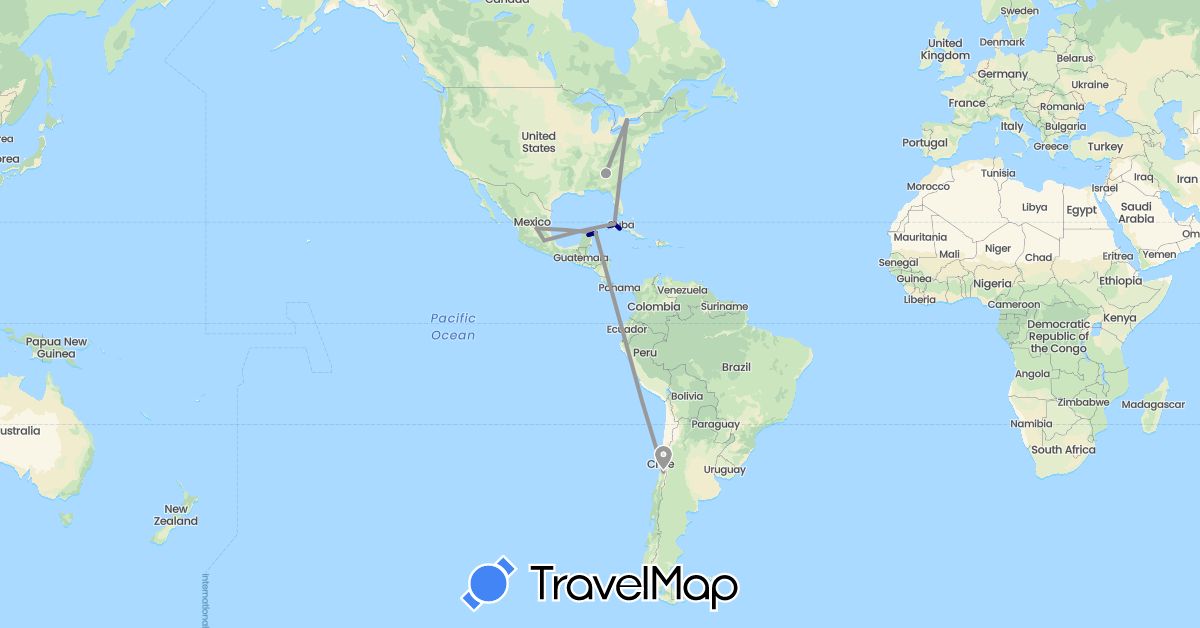 TravelMap itinerary: driving, plane in Canada, Chile, Cuba, Mexico, United States (North America, South America)